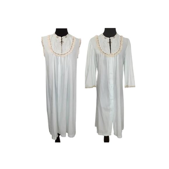 Vintage 1970s Barbizon Nightgown House Coat Peignoir Set Blue Lace Embroidered S - Picture 1 of 15